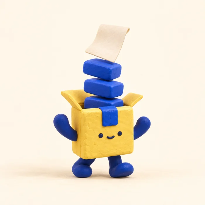 Blue clay tiles gather in a yellow parcel as a folded paper note rises.