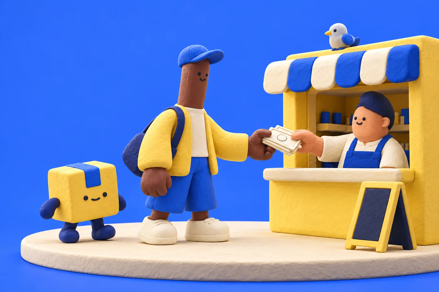 A clay customer and yellow parcel companion at a cheerful blue-and-yellow cash pickup kiosk.